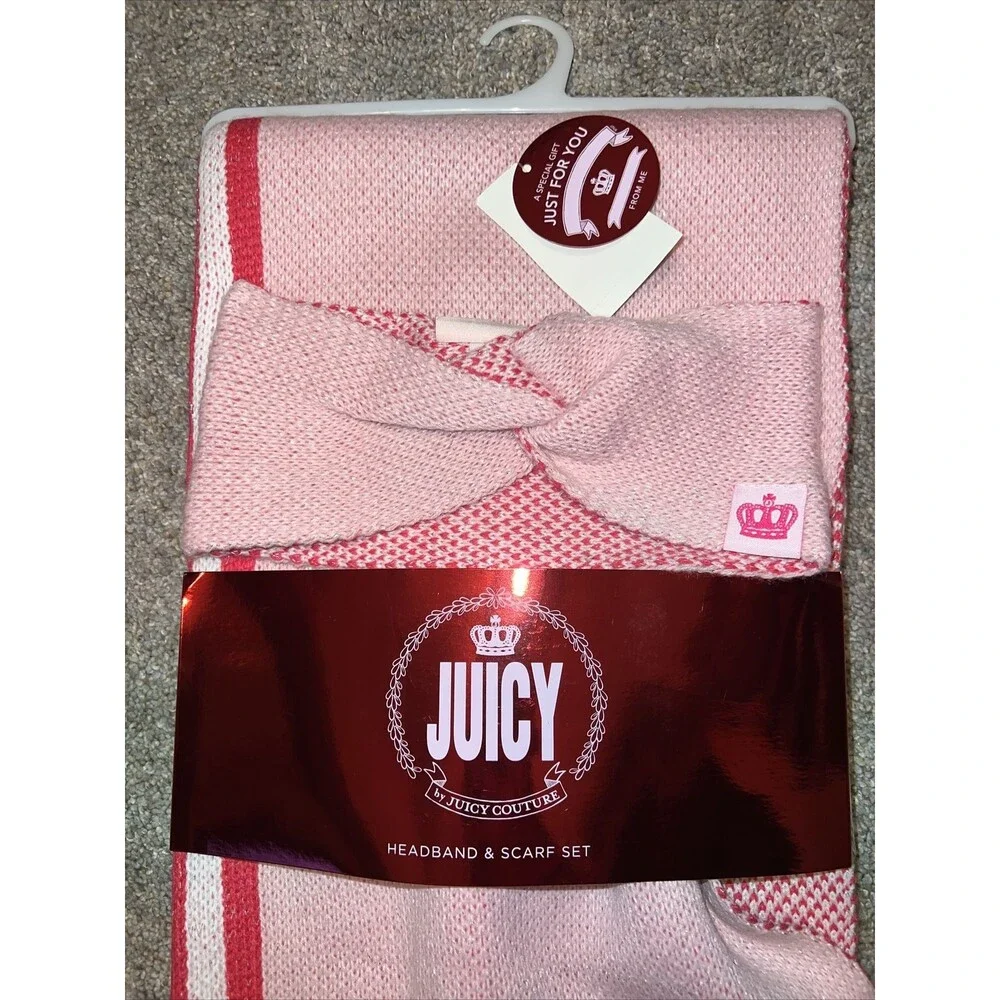 Y2K Juicy Couture Knit Scarf and Headband Set Hat Sparkle Hit Barbie Pink Accent
